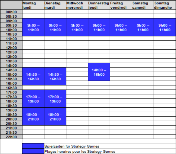 Heures de départ possibles pour les Strategy Games